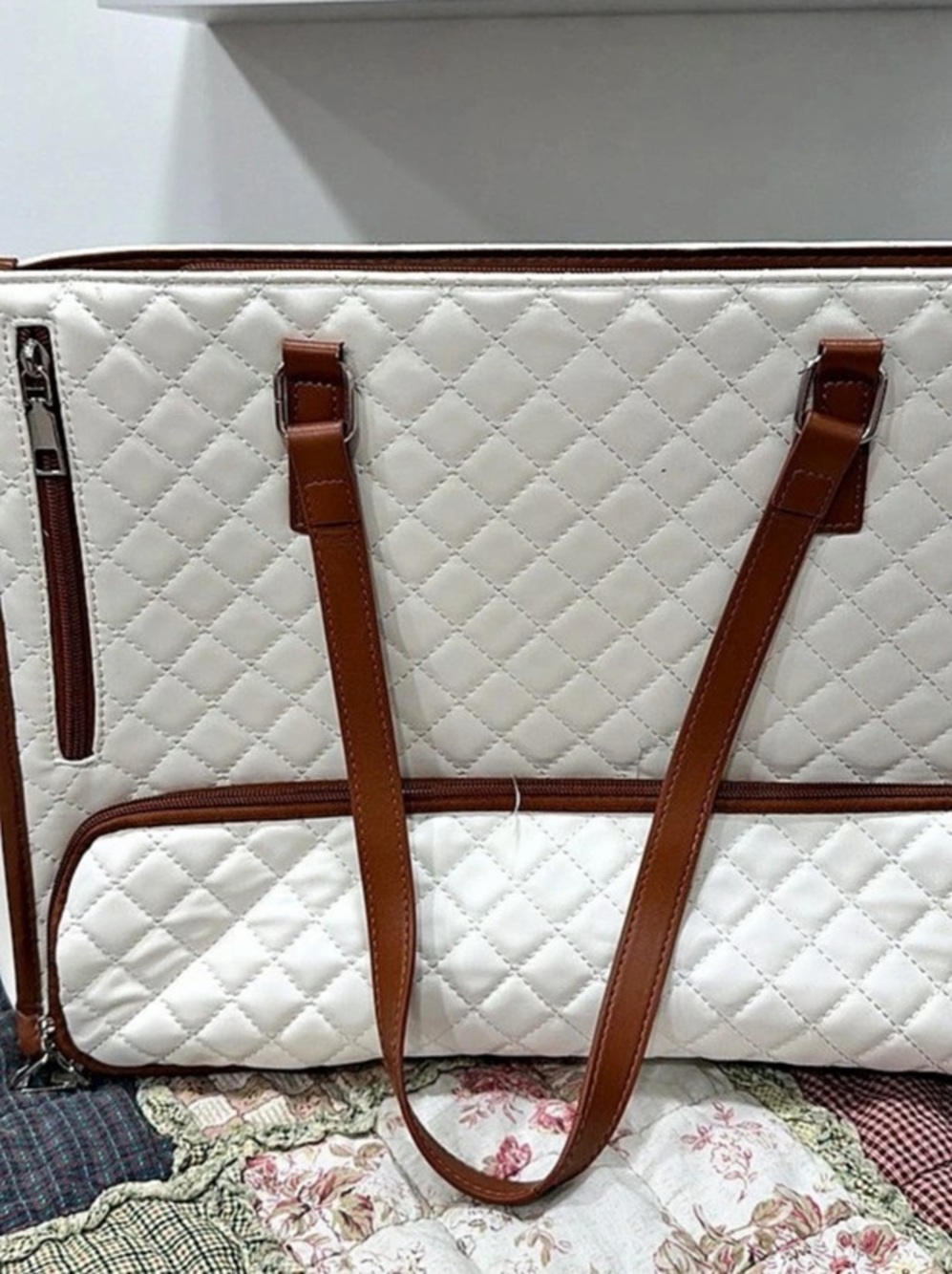 Quilted Tote in White & Brown